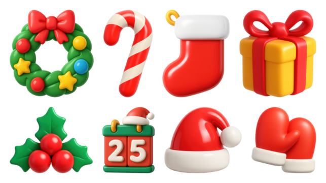 PNG Festive holiday icons in 3D, element set on transparent background