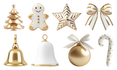PNG Festive gold white holiday decorations, element set on transparent background