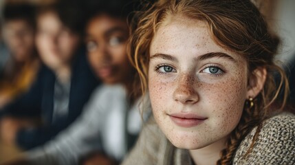 satisfied young woman looking at camera team of multiethnic students preparing for university exam portrait of girl with freckles sitting in a row with her classmates during high school exam no logos