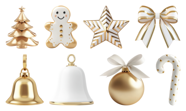 PNG Festive gold white holiday decorations, element set on transparent background