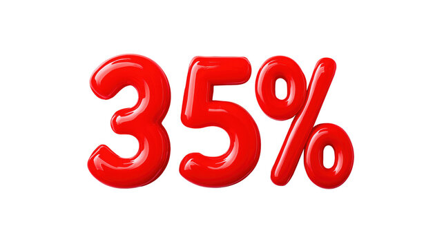 Red 35 percent discount text isolated on transparent background, glossy 3D typography for Black Friday and shopping promotion.