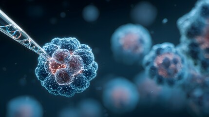 Microscopic view shows pipette adding substance to cell cluster.