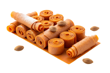 Delicious apricot fruit leather rolls isolated on transparent background, healthy snack