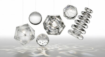 Suspended Glass Geometric Solids: Art Installation Featuring Transparent Spheres, Polyhedrons, and Abstract Shapes Creating Light and Shadow
