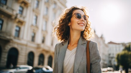 portrait of successful happy woman on her way to work on street confident business woman wearing blazer carrying side bag walking with a smile smiling woman wearing sunglasses and walking on street n