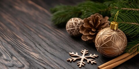 Christmas holiday decoration with snowflake, pine cone, cinnamon