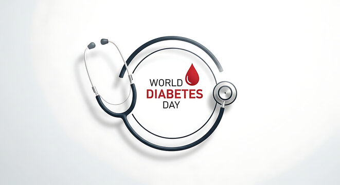 Stethoscope encircling World Diabetes Day text and red drop