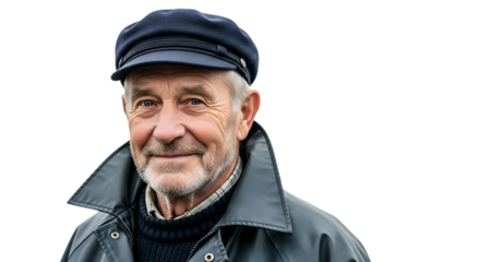 Portrait of a mature man in a black cap and jacket isolated on transparent background