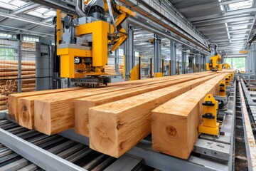 Lumber processing in modern automated wood sawmill factory