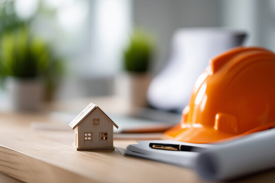 A small wooden house is on a table with a construction helmet and a pen