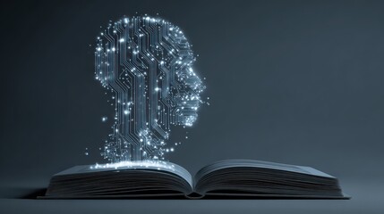 side view and close up of notebook with glowing circuit head outline ai and machine learning concept double exposure  no logos no brands ar 169