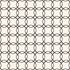 Fototapeta premium Minimal vector abstract linear geometric seamless pattern. Simple monochrome ornament with curved lines, grid, net, mesh, lattice. Black and white minimalist background. Repeated modern design