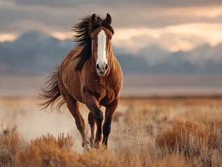 a majestic horse with a chestnut coat and a white blaze, galloping across a golden field with tall grasses. The background features a blurred landscape with mountains under a cloudy sky