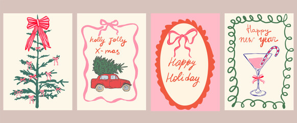 Set of Christmas greeting cards and party invitations in hand drawn vintage style, featuring mistletoe, gifts, Christmas tree, candles,bows and champagne, in pink, red and green colors, vector
