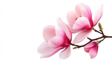 Pink magnolia flowers blooming on branch against white background
