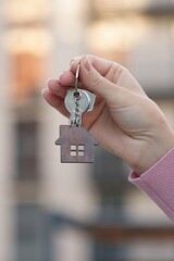 Vertical screen new home closeup Caucasian woman holding keys homeowner real estate agent house mortgage investment first own apartment buy rent moving relocation bank credit purchase key apartment