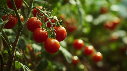 Ai fresh red tomatoes growing in farmer garden during sunny day with green leaves surrounding