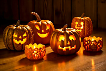 Halloween. Pumpkins. Glowing carved pumpkins with cheerful faces artistically arranged on wooden surface, creating warm and festive atmosphere for Halloween, showcasing creativity and seasonal spirit