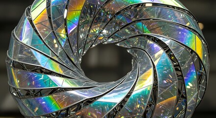 Geometric Vortex: A Mesmerizing Iridescent Optical Illusion of Spiraling Triangular Segments in a Complex Circular Structure and Dynamic Rainbow Reflections