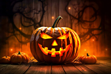 Halloween. Pumpkin. Spooky carved pumpkin with menacing face is illuminated from within, surrounded by smaller pumpkins, set against dark background with eerie shadows and warm, glowing ambiance