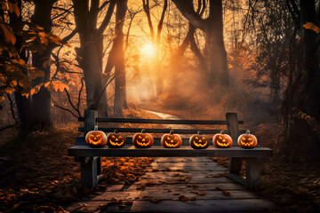 Halloween. Pumpkins. Glowing jack-o'-lanterns arranged on rustic wooden bench in misty autumn forest, with sunlight filtering through trees, creating enchanting atmosphere for Halloween festivities