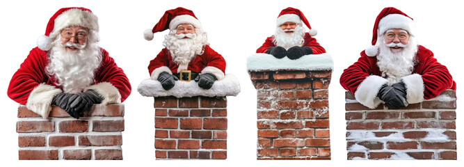 PNG Santa Clauses atop chimneys smiling, element set on transparent background