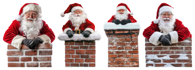 PNG Santa Clauses atop chimneys smiling, element set on transparent background