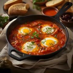 Homemade shakshuka simmering in a cast iron pan, a healthy and delicious brunch option with vibrant colors and fresh herbs ready to be served with bread