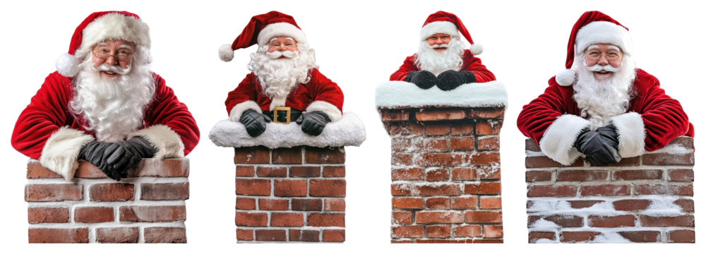 PNG Santa Clauses atop chimneys smiling, element set on transparent background