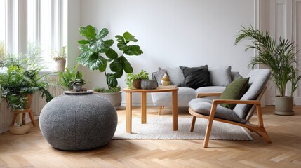 Fototapeta premium pouf and gray armchair in spacious living room interior with plants and sofa near wooden table no logos no brands ar 169