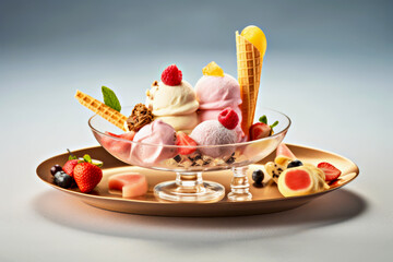 Ice cream. Colorful ice cream dessert served in glass bowl, featuring various flavors, fresh fruits, and waffle cone, beautifully arranged on golden tray, creating an inviting and delicious display