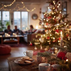 Warm and Cozy Holiday Gathering by a Decorated Christmas Tree with Candles and Festive Treats in a Beautifully Lit Living Room
