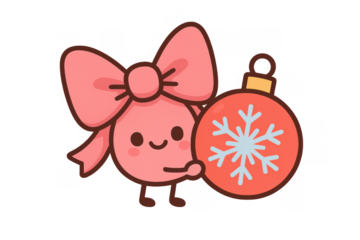 Cute kawaii character wearing pink bow decorating for christmas holding snowflake ornament