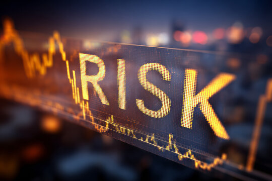 A transparent block labeled "RISK" placed on a fluctuating financial chart, symbolizing the visibility and objectivity of financial risk.