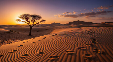 Naklejka premium A Vast Desert Landscape at Sunset With Rolling Sand Dunes