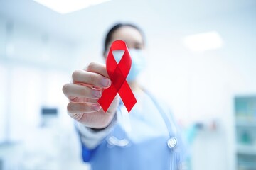 A healthcare professional holds a red ribbon symbolizing awareness for HIV/AIDS. The person is wearing a blue medical uniform and a face mask in a clinical setting.