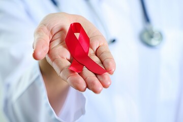 A healthcare professional holds a red ribbon in their hand. The person is wearing a white coat and a stethoscope around their neck, symbolizing awareness and support for health causes.