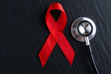 A red awareness ribbon placed next to a stethoscope on a dark surface. The scene symbolizes health awareness and support for various causes.