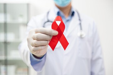 A male doctor in a white coat holds a red ribbon symbolizing awareness. He wears a blue mask and has a stethoscope around his neck. The background is a medical setting.