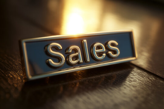 Golden/metallic plaque engraved with "Sales" against a glowing background, symbolizing business success, performance achievement, and goal realization.