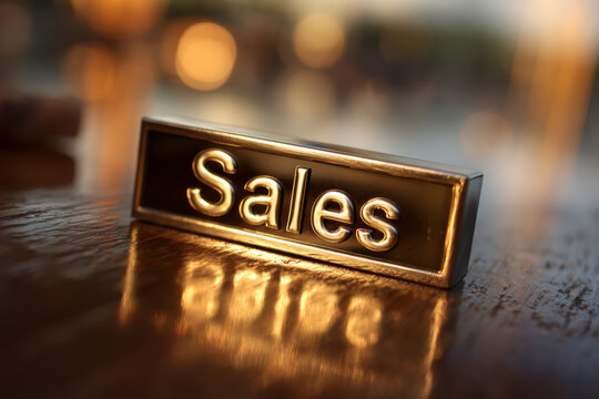 Golden/metallic plaque engraved with "Sales" against a glowing background, symbolizing business success, performance achievement, and goal realization.