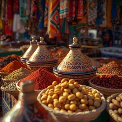 Experience the vibrant flavors and culture of a Moroccan spice market with colorful tagines, exotic spices, and fresh ingredients for culinary inspiration