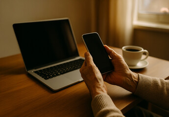 Elderly person holding smartphone near laptop and coffee cup on desk. Concept of digital inclusion, senior online communication, and modern lifestyle.