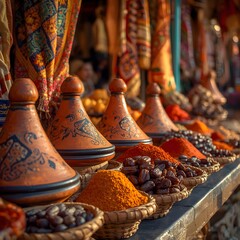 Vibrant Moroccan spice market stall overflowing with colorful powders, dates, and decorative tagines under warm sunlight