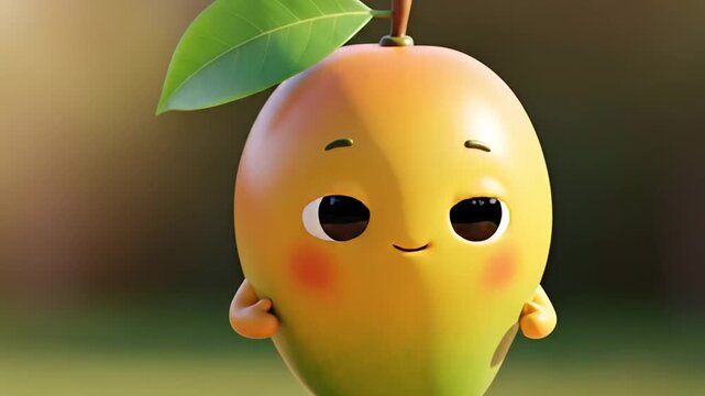 Cute mango character animation, waddling and smiling in a cheerful, kid-friendly way, perfect for children's media or educational content about fruits