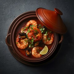 Savory seafood stew with plump shrimp and mussels in rich tomato sauce, garnished with fresh parsley and lemon wedge, served in rustic terracotta pot.