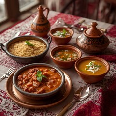 Authentic cuisine spread featuring hearty stews, flavorful soups, and traditional grain dishes, perfect for cultural storytelling and culinary exploration.
