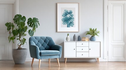 Fototapeta premium poster above white cabinet with plant next to blue wooden armchair in grey flat interior real photo no logos no brands ar 169