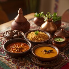 Savor a vibrant spread of authentic Middle Eastern cuisine, featuring hearty lentil soup, savory stew, fluffy couscous, and fresh mint yogurt dip, perfect for culinary storytelling.