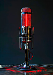 Modern microphone. Vintage microphone stands tall with striking red lighting, highlighting its retro design and intricate details against dark background, creating dramatic and artistic atmosphere